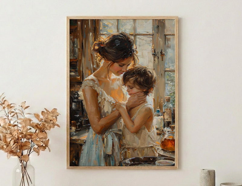 Nostalgic Cafe Art Print, Mother Son Poster - Mother's Day Gift
