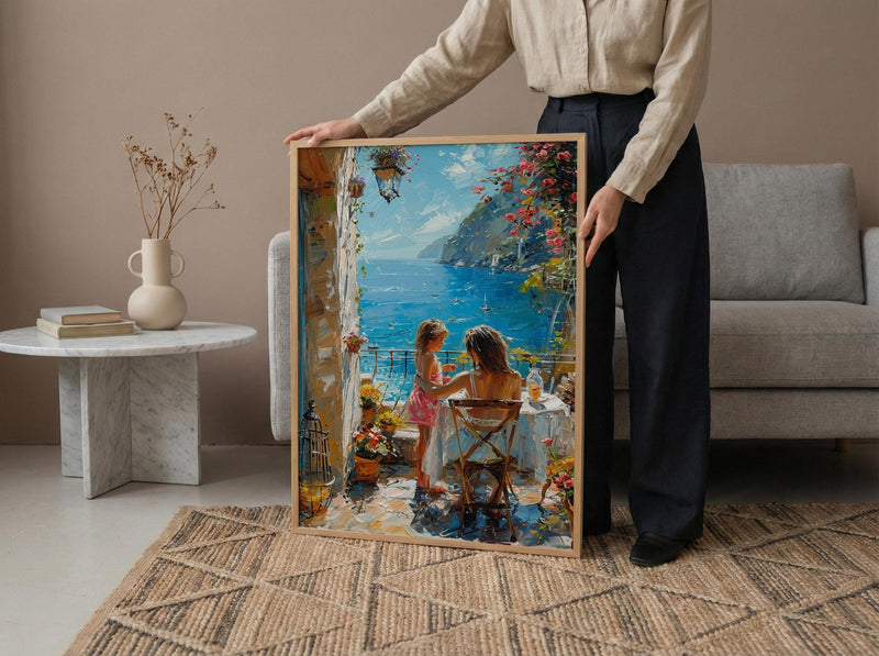 Mediterranean Cafe Wall Art, Mother Child Art Print - Thick Oil Painting Style