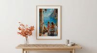 Mediterranean Cafe Wall Art, Mother Child Art Print - Thick Oil Painting Style