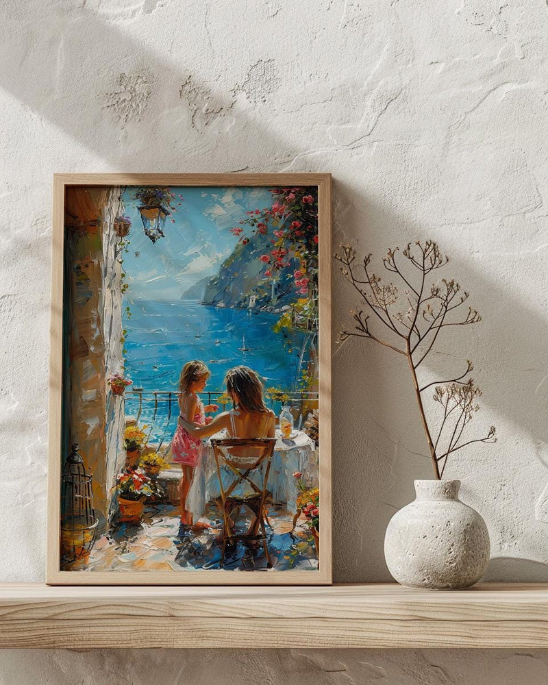 Mediterranean Cafe Wall Art, Mother Child Art Print - Thick Oil Painting Style