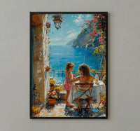 Mediterranean Cafe Wall Art, Mother Child Art Print - Thick Oil Painting Style