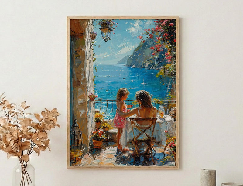 Mediterranean Cafe Wall Art, Mother Child Art Print - Thick Oil Painting Style