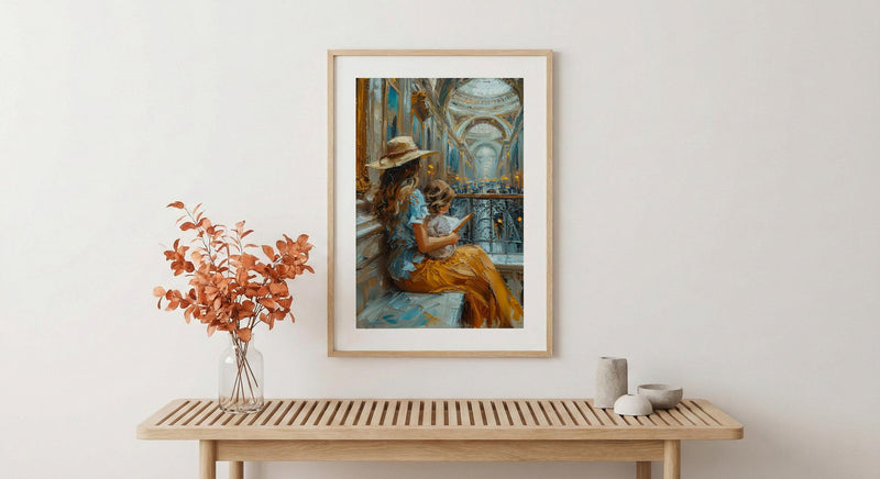 Museum Bench Poster, Mother Child Art Print - Mother's Day Gift