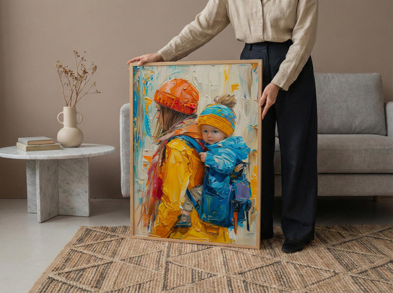 Modern Gallery Poster, Mother Baby Wall Art - Palette Knife Painting Style