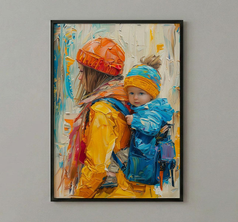 Modern Gallery Poster, Mother Baby Wall Art - Palette Knife Painting Style