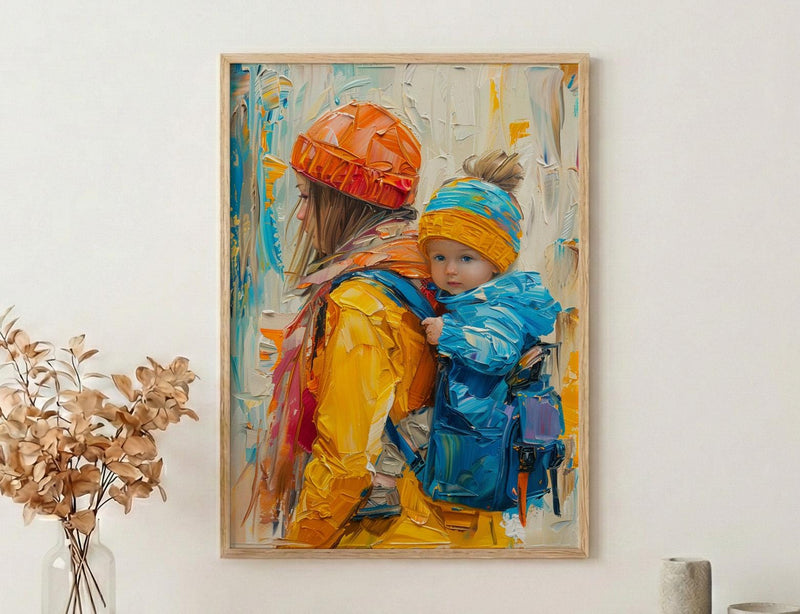 Modern Gallery Poster, Mother Baby Wall Art - Palette Knife Painting Style