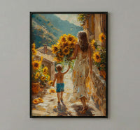 Sunflower Cobblestone Poster, Mother Son Print - Gift for Mom