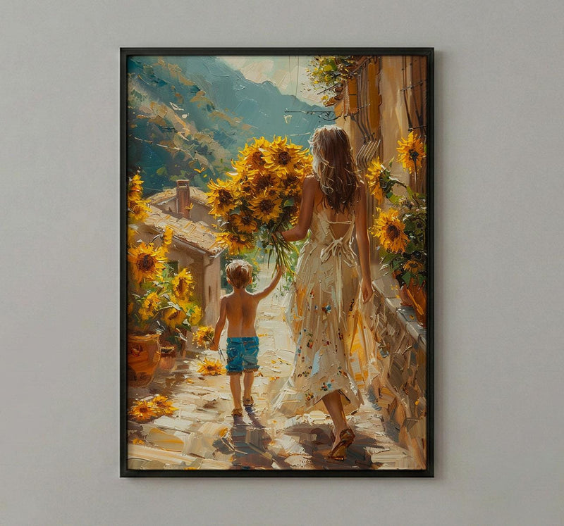 Sunflower Cobblestone Poster, Mother Son Print - Gift for Mom