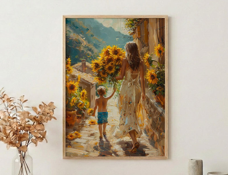 Sunflower Cobblestone Poster, Mother Son Print - Gift for Mom