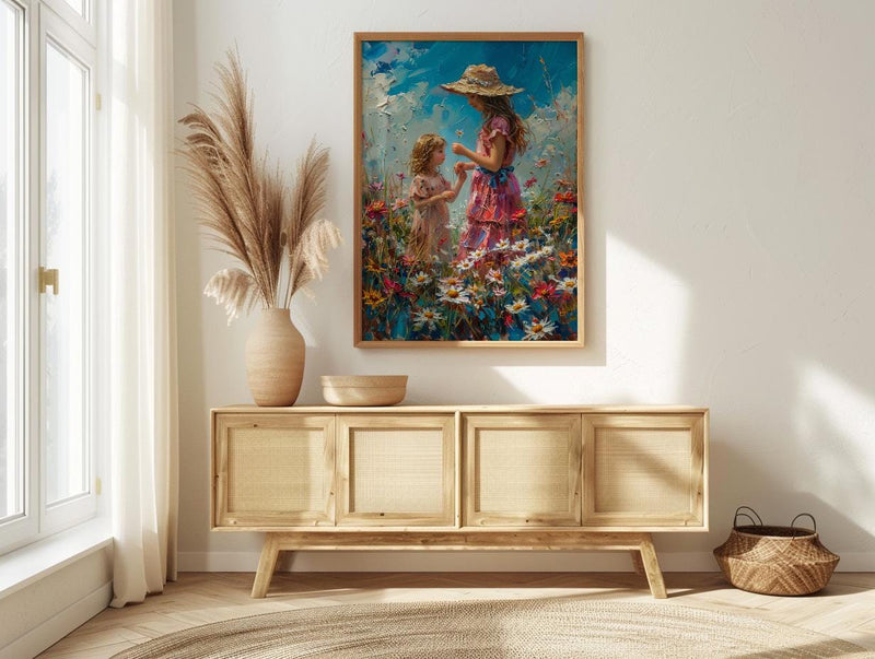 Countryside Daisy Poster, Mother Daughter Art - Thick Oil Painting Style