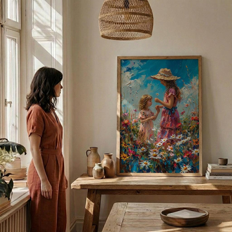 Countryside Daisy Poster, Mother Daughter Art - Thick Oil Painting Style