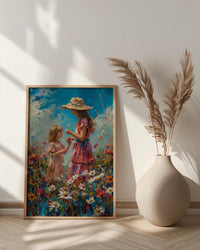 Countryside Daisy Poster, Mother Daughter Art - Thick Oil Painting Style