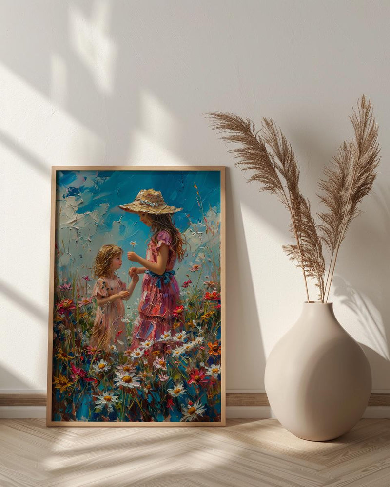 Countryside Daisy Poster, Mother Daughter Art - Thick Oil Painting Style