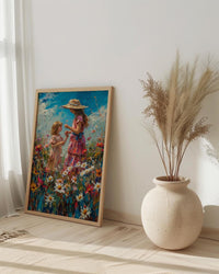 Countryside Daisy Poster, Mother Daughter Art - Thick Oil Painting Style