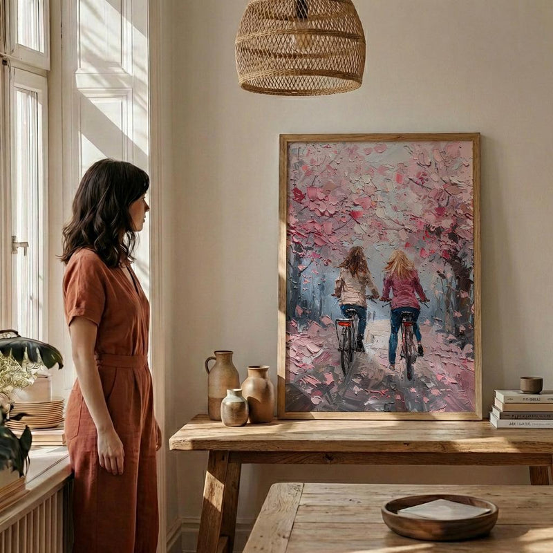 London Cherry Blossom Poster, Mother Daughter Art - Palette Knife Painting Style