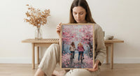 London Cherry Blossom Poster, Mother Daughter Art - Palette Knife Painting Style