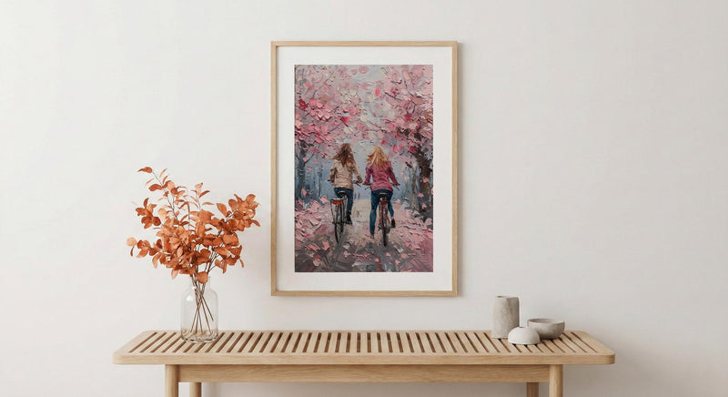 London Cherry Blossom Poster, Mother Daughter Art - Palette Knife Painting Style