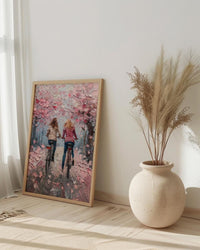 London Cherry Blossom Poster, Mother Daughter Art - Palette Knife Painting Style