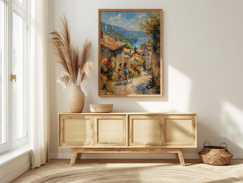 French Village Art Print, Mother Child Poster - Textured Impasto Oil Painting