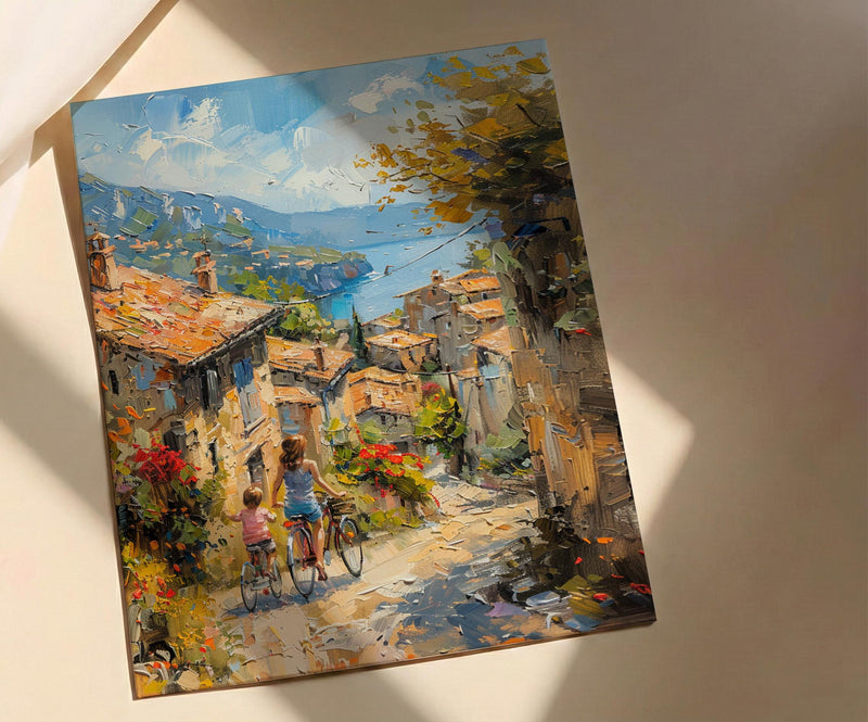 French Village Art Print, Mother Child Poster - Textured Impasto Oil Painting