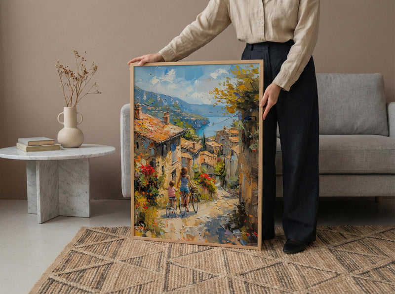 French Village Art Print, Mother Child Poster - Textured Impasto Oil Painting