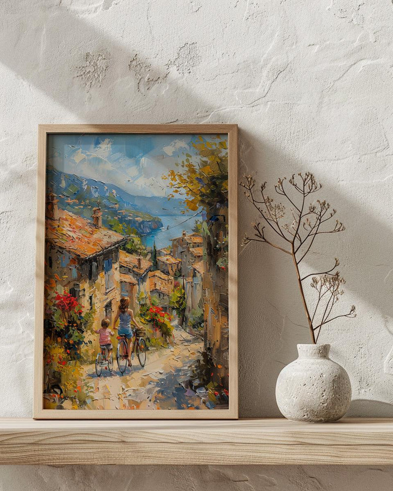 French Village Art Print, Mother Child Poster - Textured Impasto Oil Painting