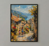 French Village Art Print, Mother Child Poster - Textured Impasto Oil Painting