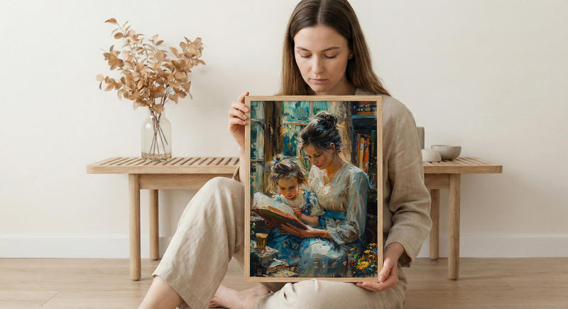 Sunlit Library Wall Art, Mother Child Print - Mother's Day Gift