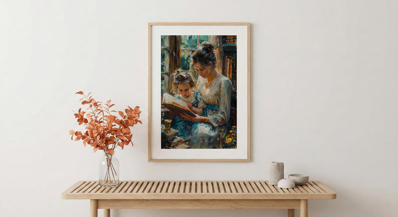 Sunlit Library Wall Art, Mother Child Print - Mother's Day Gift