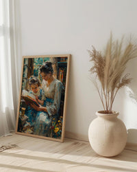 Sunlit Library Wall Art, Mother Child Print - Mother's Day Gift