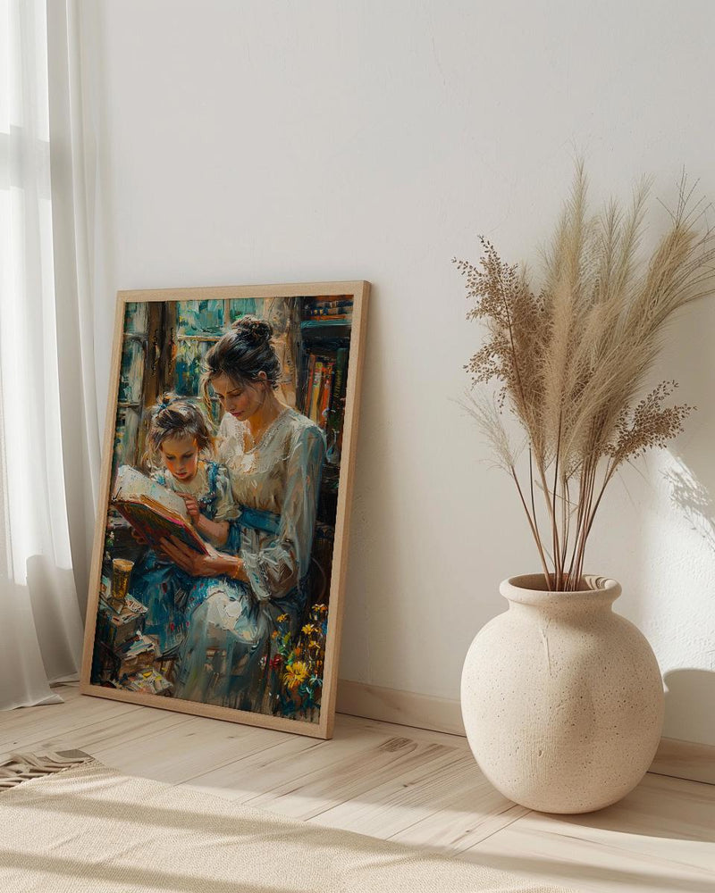 Sunlit Library Wall Art, Mother Child Print - Mother's Day Gift