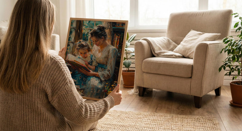 Sunlit Library Wall Art, Mother Child Print - Mother's Day Gift