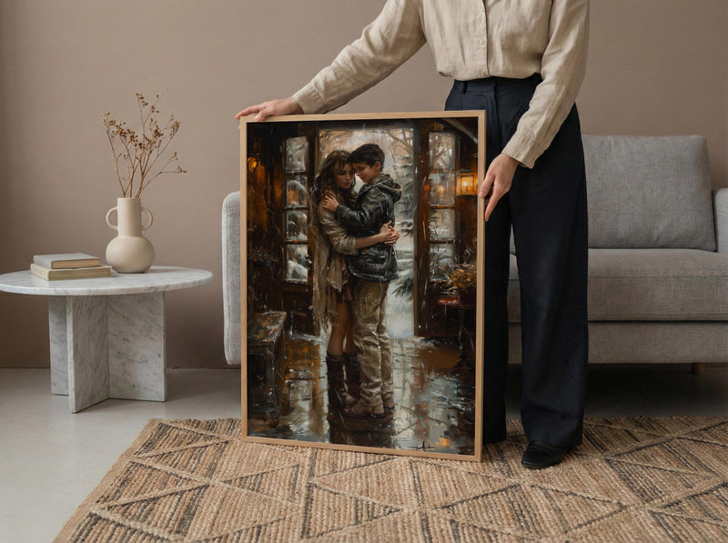 Mother Son Hug Print, Rainy Morning Wall Art - Thick Oil Painting Style