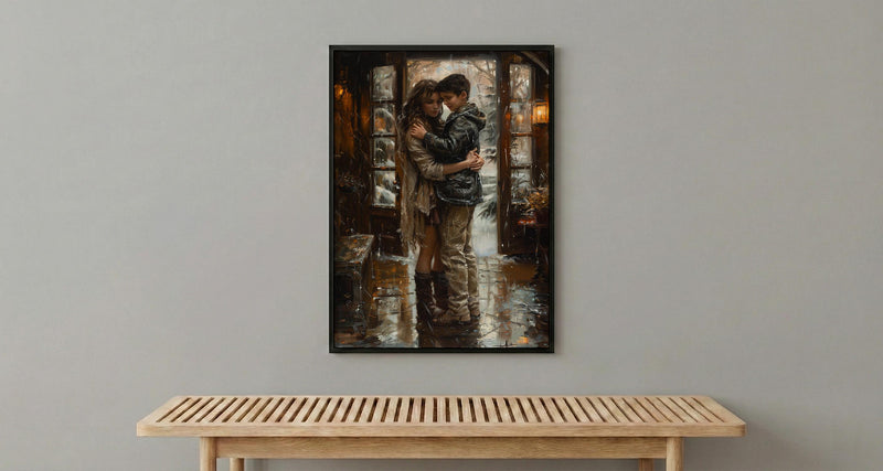 Mother Son Hug Print, Rainy Morning Wall Art - Thick Oil Painting Style