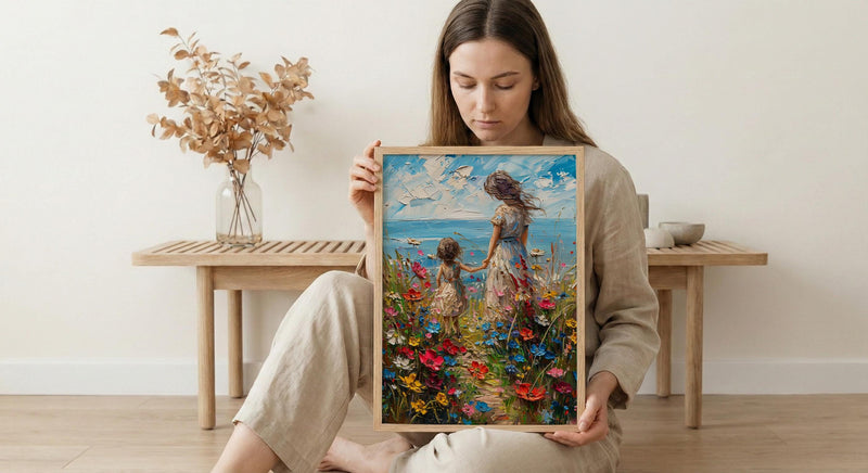 Wildflower Cottage Art Print, Mother Child Poster - Mother's Day Gift