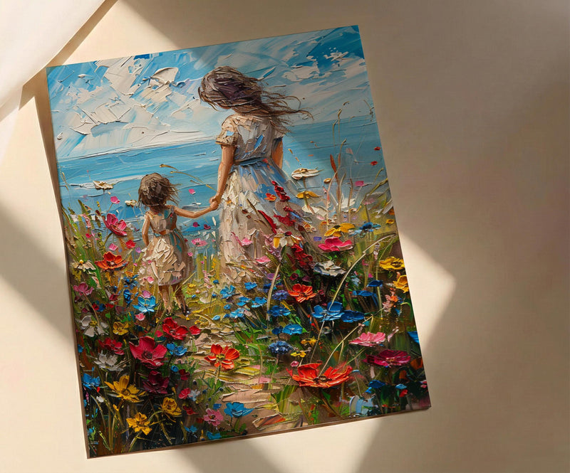 Wildflower Cottage Art Print, Mother Child Poster - Mother's Day Gift