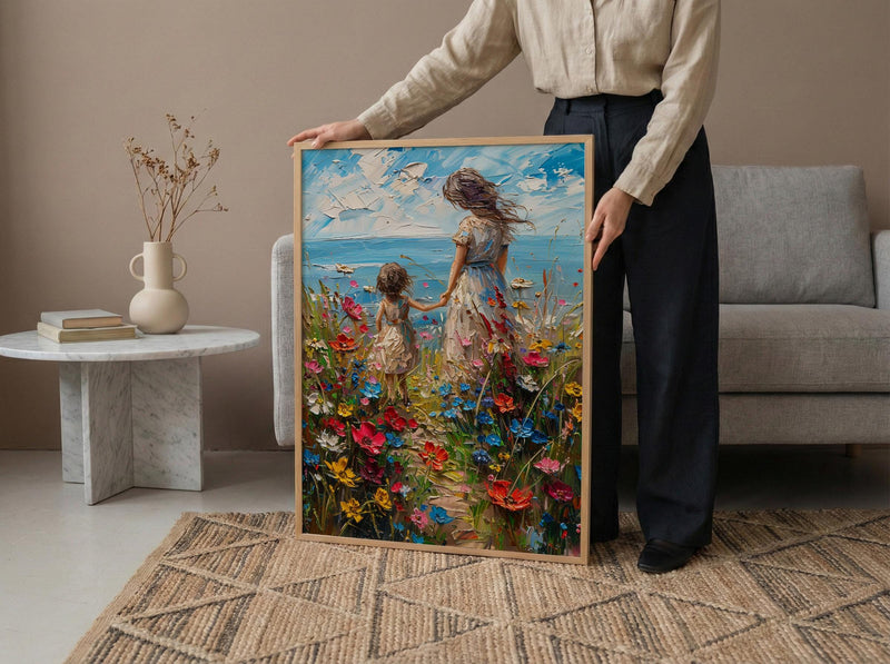 Wildflower Cottage Art Print, Mother Child Poster - Mother's Day Gift