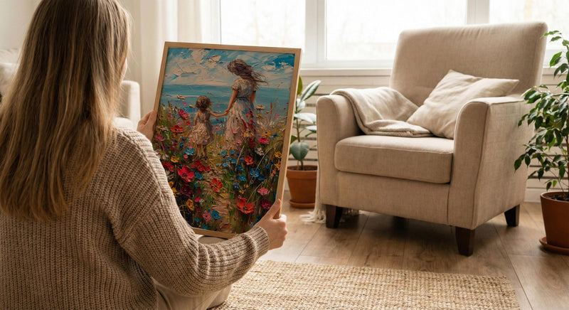 Wildflower Cottage Art Print, Mother Child Poster - Mother's Day Gift