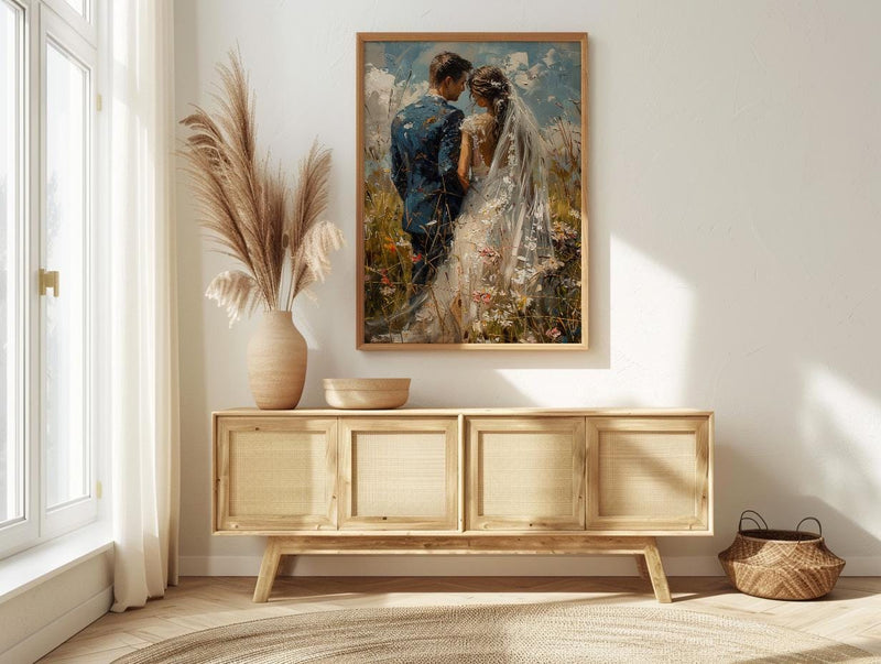 Bride and Groom Poster, Long Veil Wedding Art - Anniversary Gift