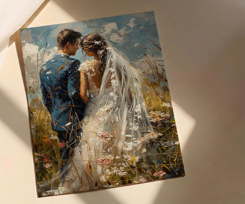 Bride and Groom Poster, Long Veil Wedding Art - Anniversary Gift