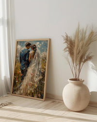 Bride and Groom Poster, Long Veil Wedding Art - Anniversary Gift