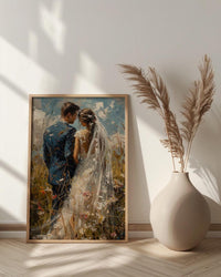 Bride and Groom Poster, Long Veil Wedding Art - Anniversary Gift