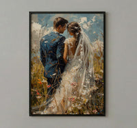 Bride and Groom Poster, Long Veil Wedding Art - Anniversary Gift