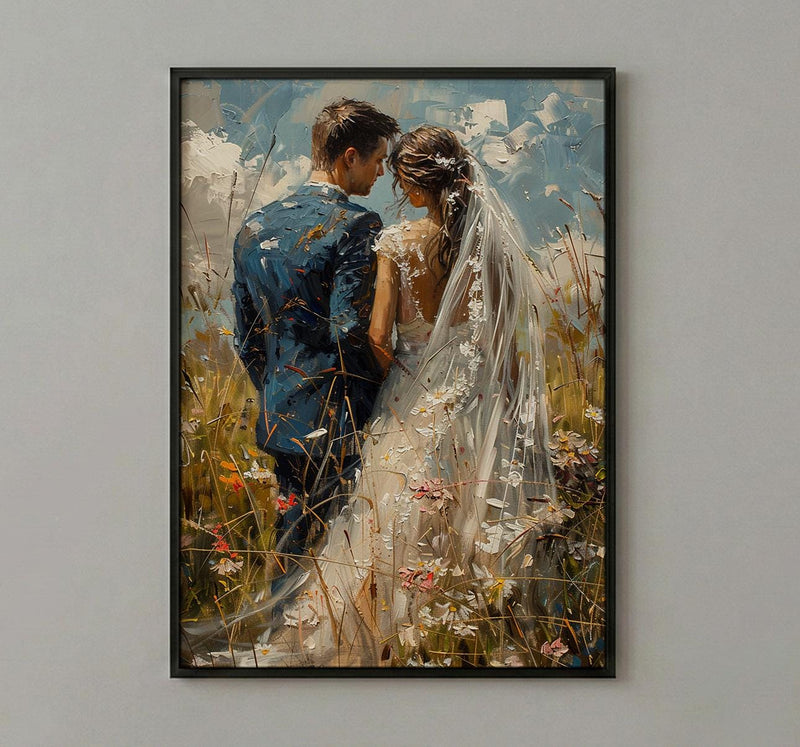 Bride and Groom Poster, Long Veil Wedding Art - Anniversary Gift