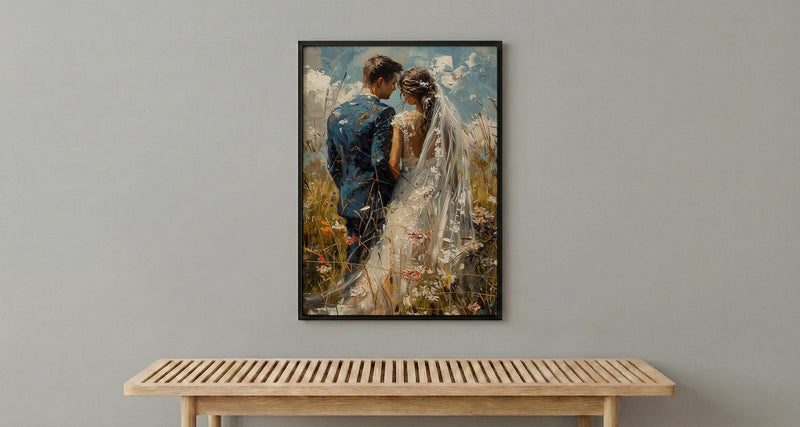 Bride and Groom Poster, Long Veil Wedding Art - Anniversary Gift
