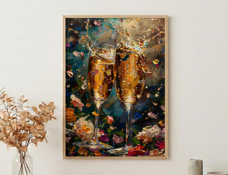Champagne Toast Art Print, Romantic Floral Decor - Newlywed Gift
