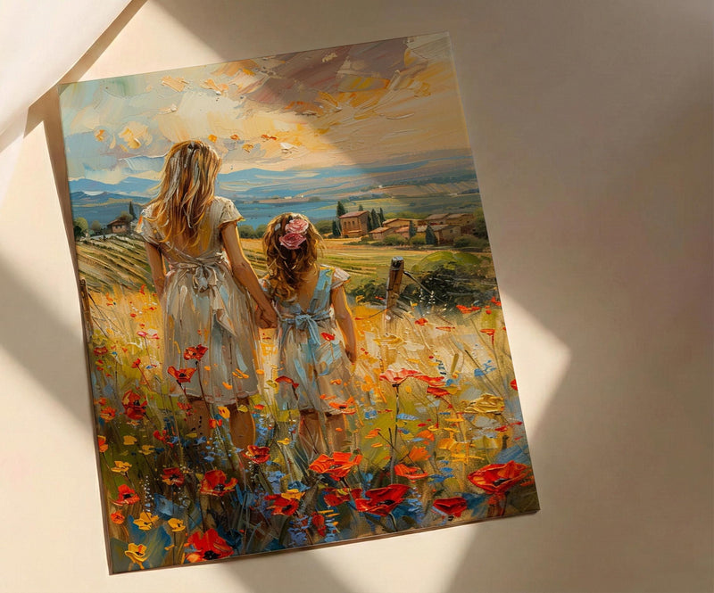 Tuscan Vineyard Print, Mom Daughter Poster - Thick Oil Painting Style