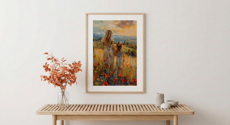 Tuscan Vineyard Print, Mom Daughter Poster - Thick Oil Painting Style