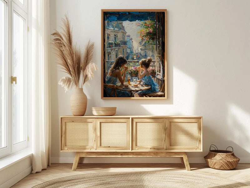 European Balcony Poster, Mother Child Art - Mother's Day Gift