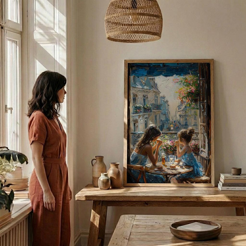 European Balcony Poster, Mother Child Art - Mother's Day Gift